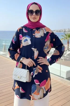 Patterned Navy Blue Modest Tunic 20424L 