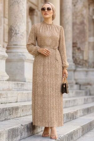 Patterned Pleated Mink Modest Dress 30303V - 1