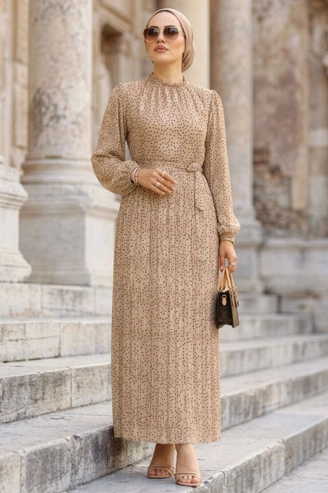 Patterned Pleated Mink Modest Dress 30303V - 1