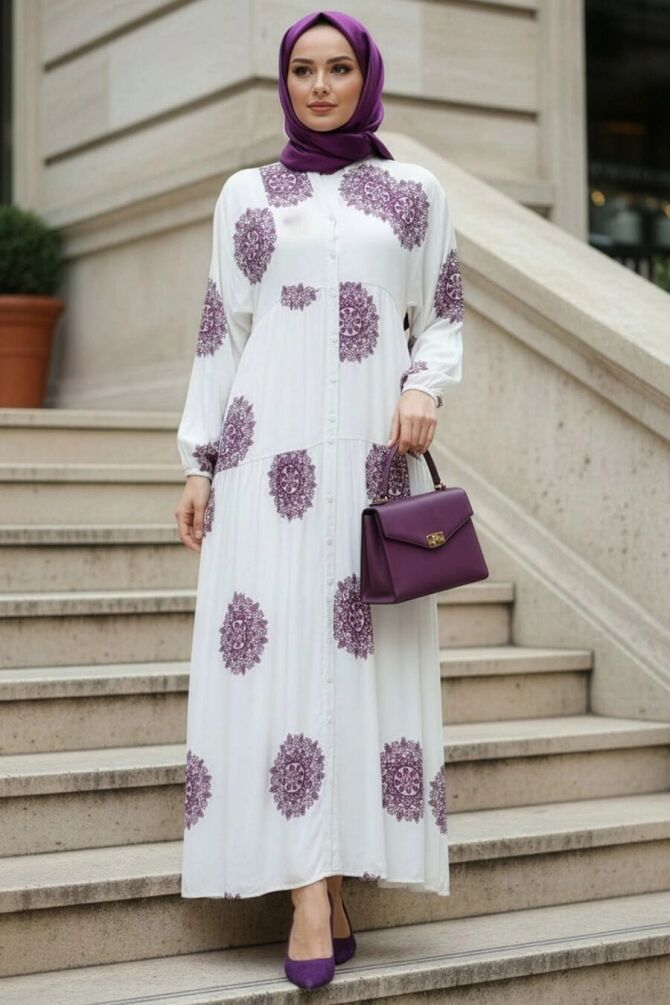 Patterned Plum Modest Dress 24016MU - 1