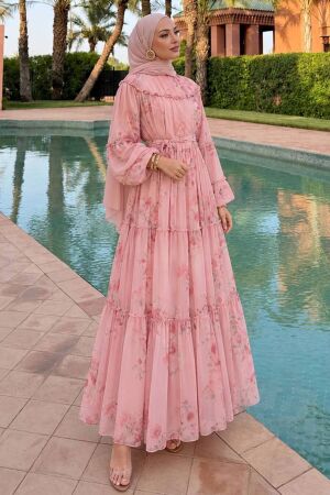 Patterned Powder Pink Chiffon Layered-Flounce Modest Dress 24790PD - 1