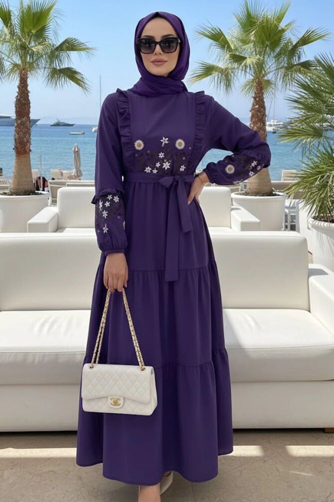 Patterned Purple Modest Dress 10327MOR - 1