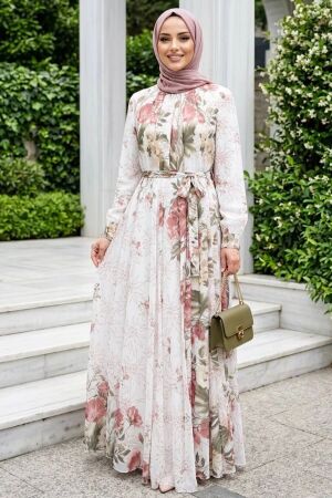 Patterned Red Modest Dress 24581K - 1