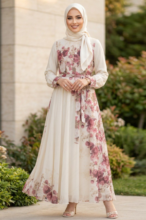Patterned Red Modest Dress 25431K 