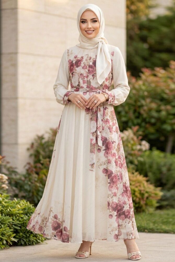 Patterned Red Modest Dress 25431K - 1