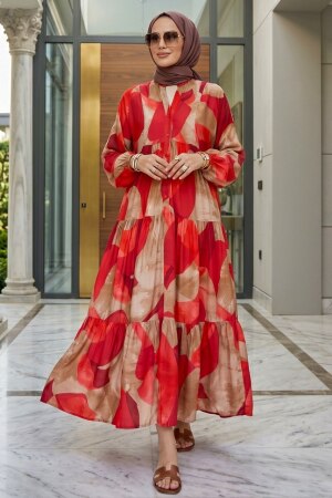 Patterned Red Modest Dress 627503K - 1