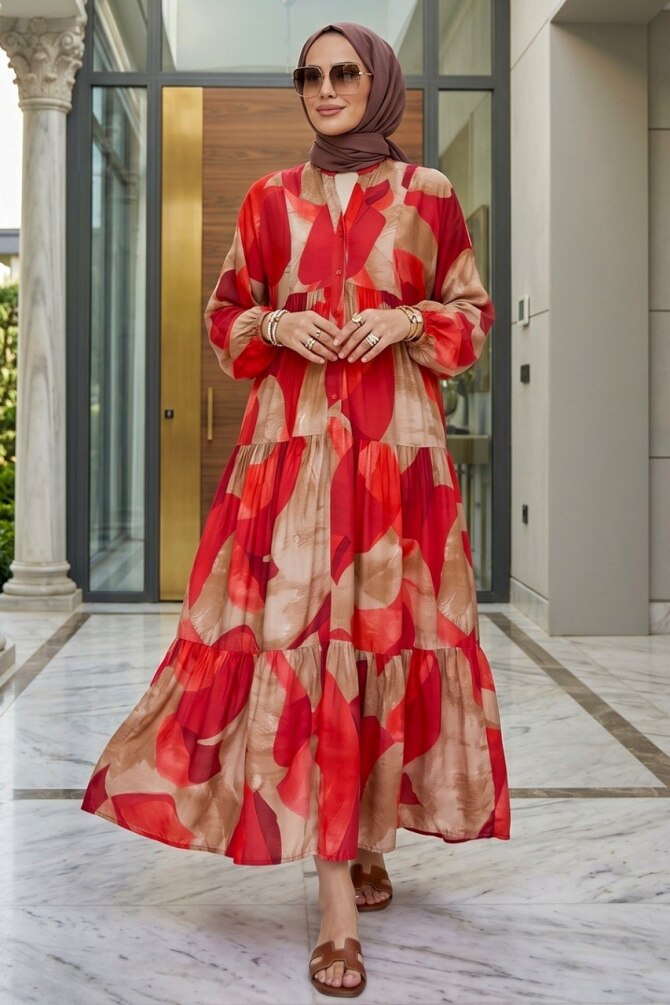 Patterned Red Modest Dress 627503K - 1