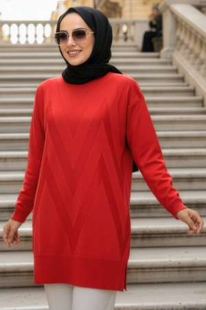 Patterned Red Modest Knit Sweater Tunic 17211K - 1