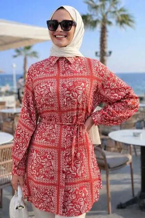 Patterned Red Modest Tunic 26601K 