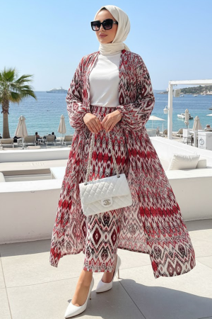 Patterned Red Modest Two-Piece Kimono Set 12887K 