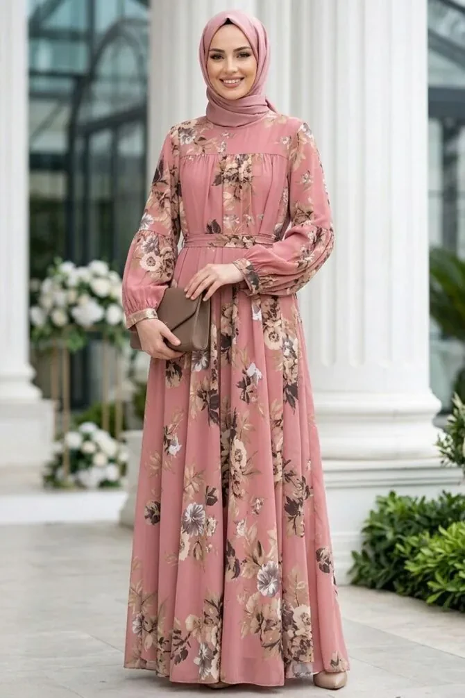 Patterned Salmon Modest Dress 23751SMN - 1