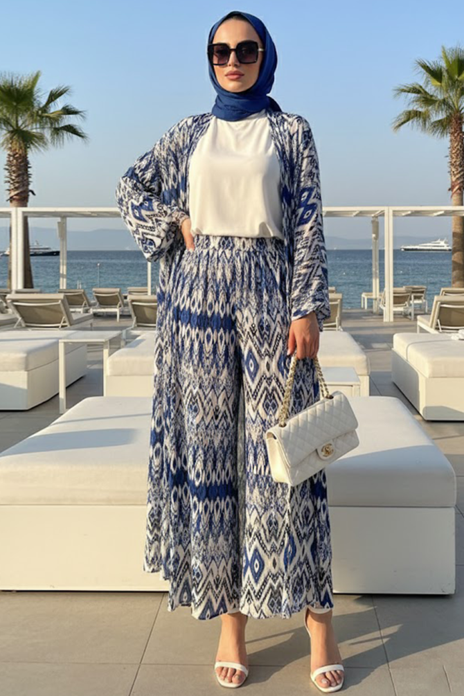 Patterned Sax Mavisi Modest Two-Piece Kimono Set 12887SX - 1