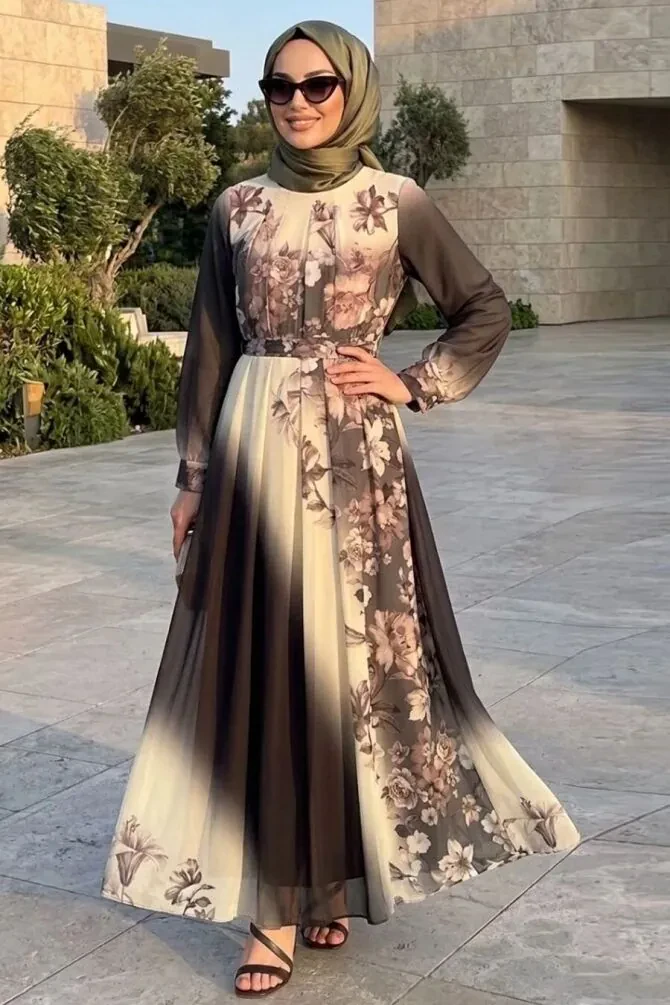 Patterned Smoke Modest Dress 25291FU - 1