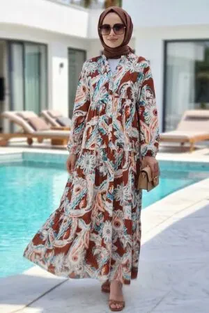 Patterned Tan Modest Dress 627506TB - 1
