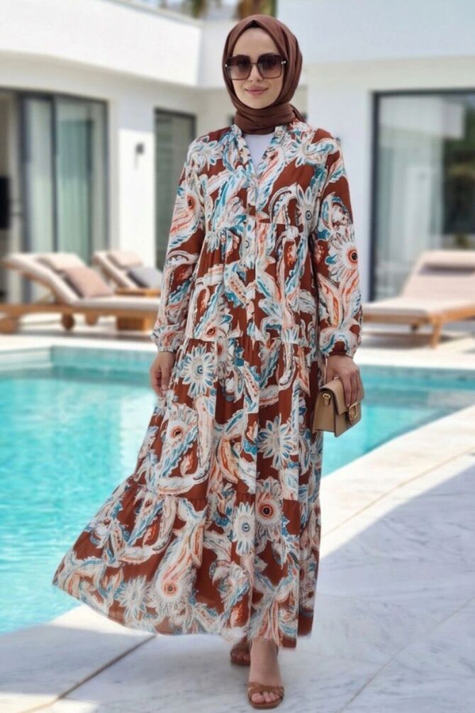 Patterned Tan Modest Dress 627506TB - 1