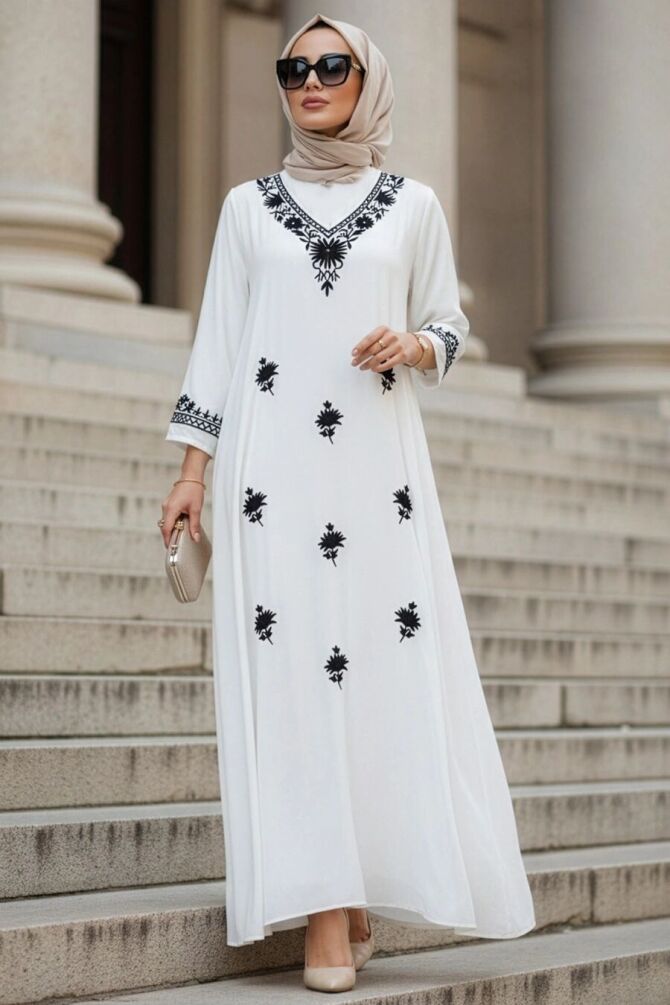 Patterned White Modest Dress 20114B - 1