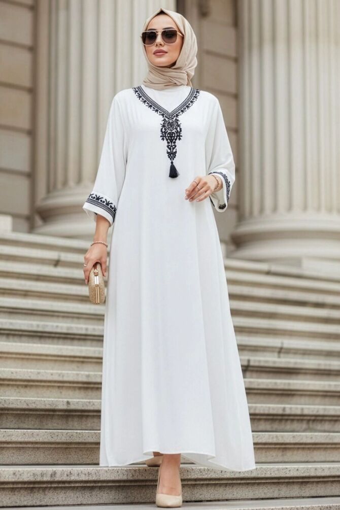 Patterned White Modest Dress 20181B - 1