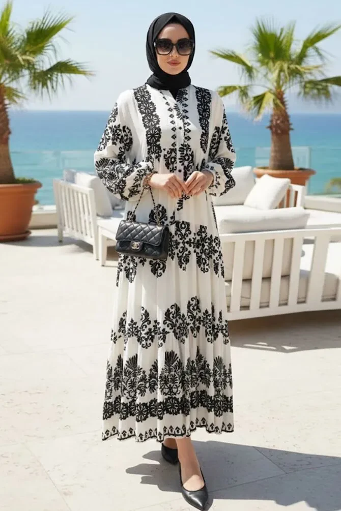 Patterned White Modest Dress 30143B - 1