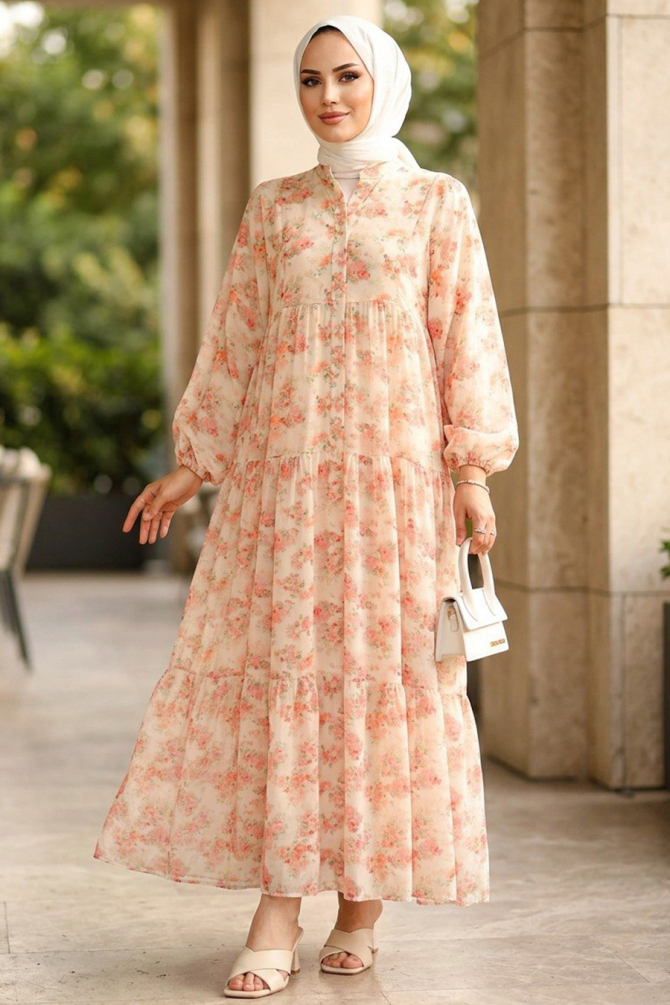 Patterned White Modest Dress 627510B - 1