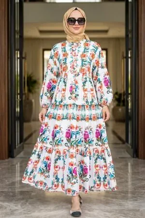 Patterned White Modest Dress 657501B - 1