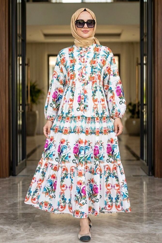 Patterned White Modest Dress 657501B - 1
