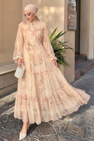 Patterned Yellow Chiffon Layered-Flounce Modest Dress 24790SR - 1