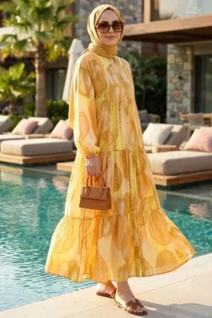 Patterned Yellow Modest Dress 627502SR - 1