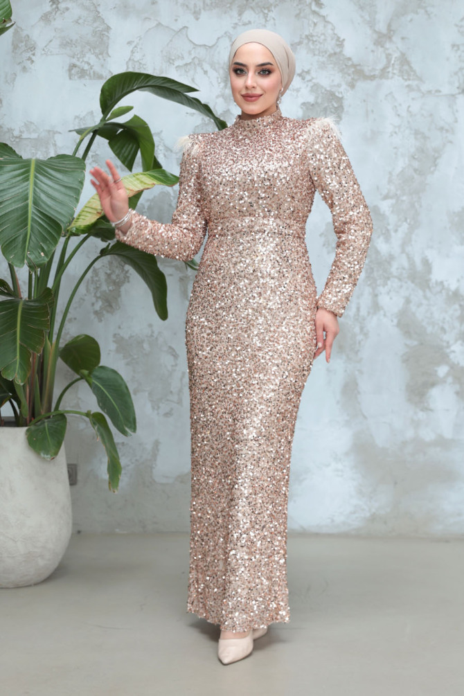  Payet Boncuk İşlemeli Gold Tesettür Abiye Elbise 4762GOLD - 3