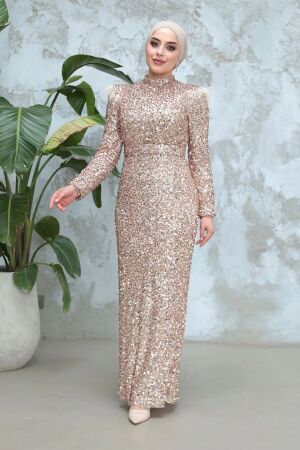  Payet Boncuk İşlemeli Gold Tesettür Abiye Elbise 4762GOLD 