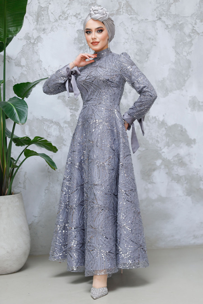  - Payet Boncuk İşlemeli Gri Tesettür Abiye Elbise 4908GR - 3