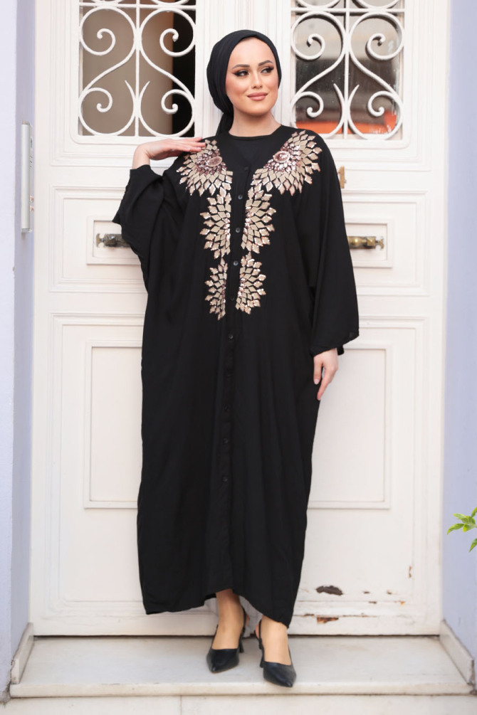 Payet Desenli Siyah Tesettür Elbise 21003S - 1