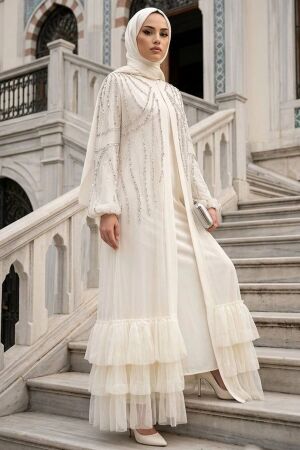 Payet Detaylı Krem Tesettür Abaya 61841KR - 1