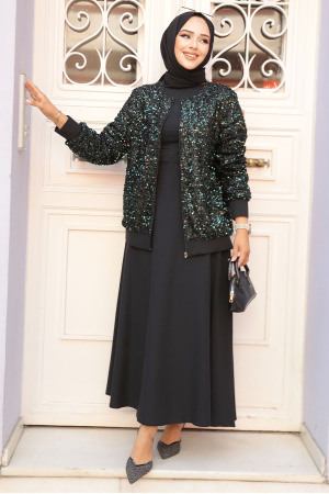 Payetli Zümrüt Yeşili Tesettür Etekli İkili Takım 40223ZY - 2