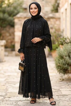 Pearl-Detail Ruffled Black Modest Set 53383S 