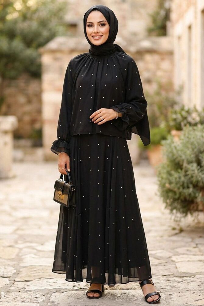 Pearl-Detail Ruffled Black Modest Set 53383S - 1