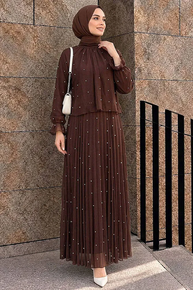 Pearl-Detail Ruffled Dark Brown Modest Set 53383KKH - 1