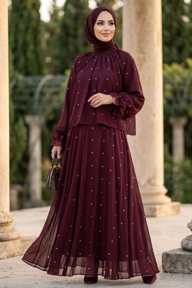 Pearl-Detail Ruffled Dark Purple Modest Set 53383KMOR - 1