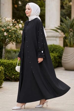 Pearl Detailed Black Modest Abaya Dress 10271S - 1