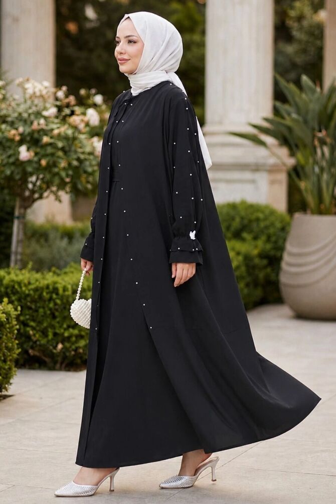 Pearl Detailed Black Modest Abaya Dress 10271S - 1