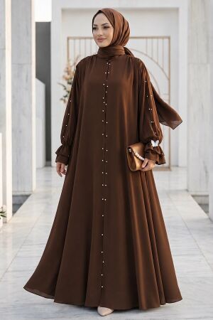 Pearl Detailed Dark Brown Modest Abaya Dress 10271KKH 