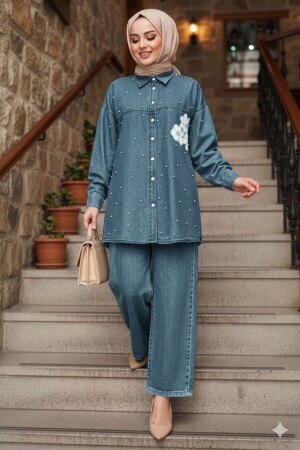 Pearl Detailed Koyu Blue Modest Denim Two-Piece Set 19153KM - 1