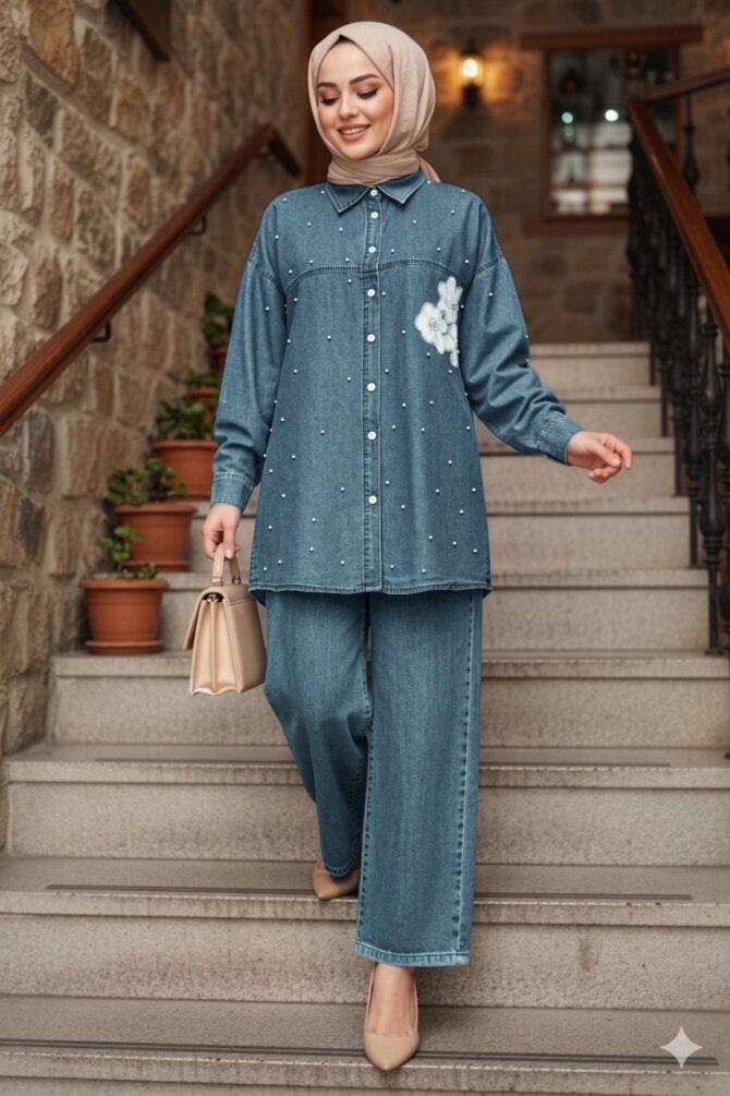 Pearl Detailed Koyu Blue Modest Denim Two-Piece Set 19153KM - 1