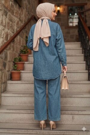 Pearl Detailed Koyu Blue Modest Denim Two-Piece Set 19153KM - 2