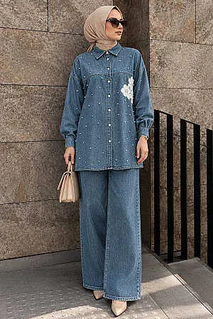 Pearl Detailed Koyu Blue Modest Denim Two-Piece Set 19153KM - 1