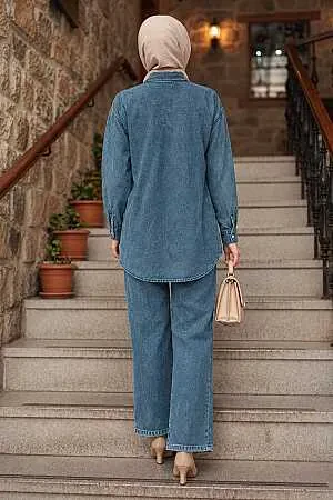 Pearl Detailed Koyu Blue Modest Denim Two-Piece Set 19153KM - 2