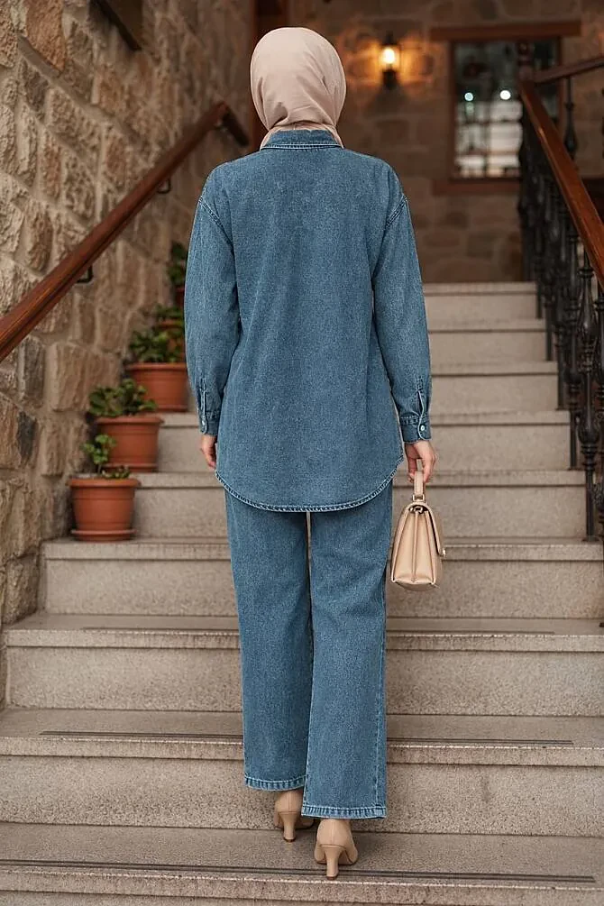 Pearl Detailed Koyu Blue Modest Denim Two-Piece Set 19153KM - 2