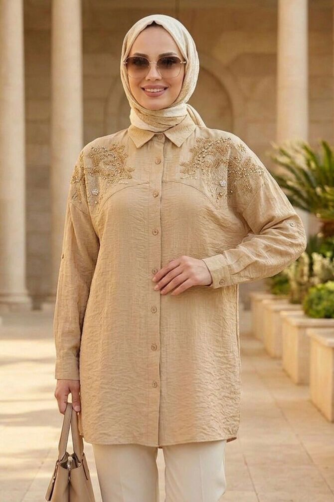 Pearl Embroidered Beige Modest Tunic 10092BEJ - 1