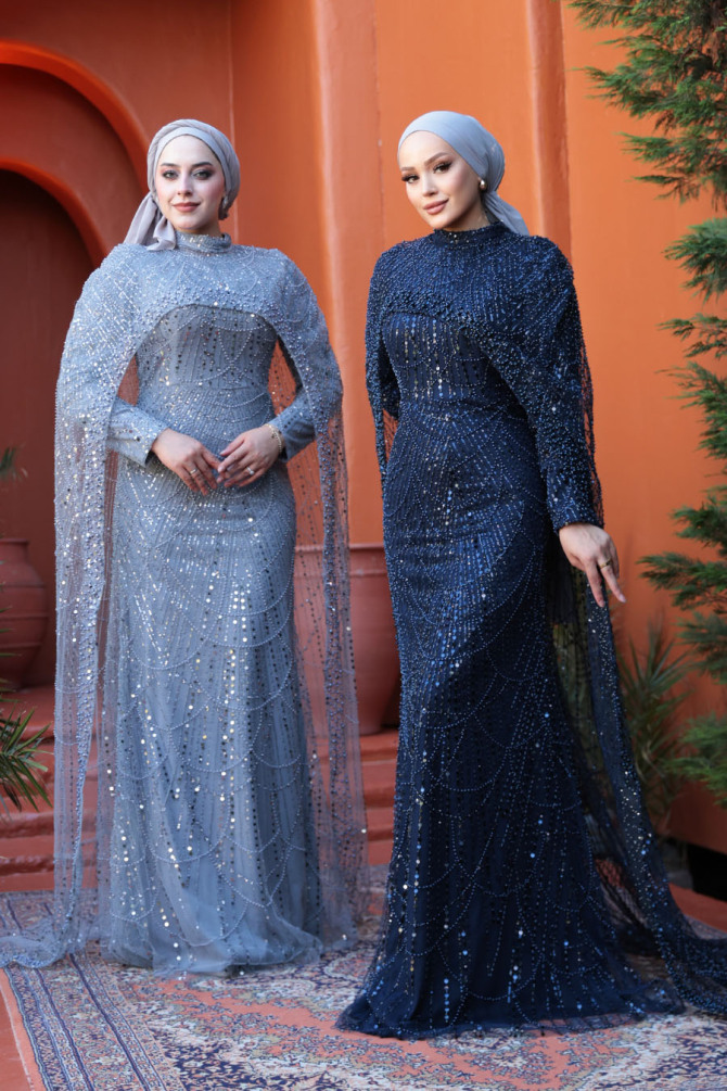  Pelerin Detaylı Boncuk İşlemeli Gri Tesettür Abiye Elbise 52361GR - 4