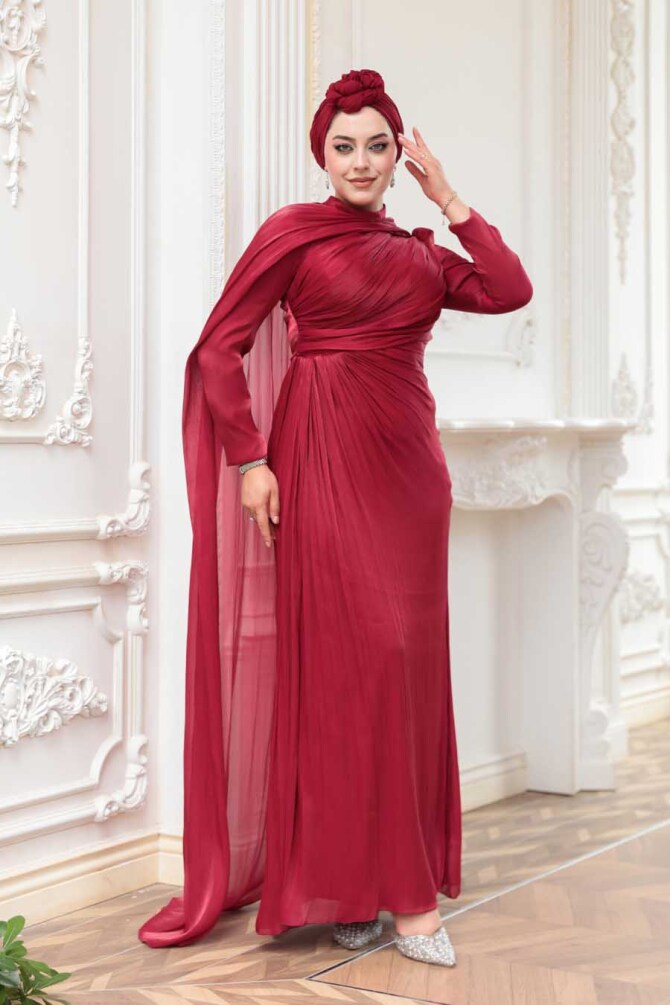 Pelerin Detaylı Bordo Tesettür Abiye Elbise 52142BR - 2