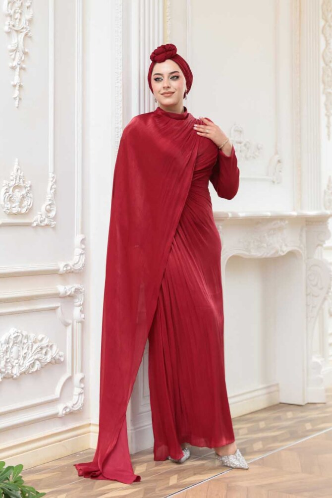 Pelerin Detaylı Bordo Tesettür Abiye Elbise 52142BR - 3
